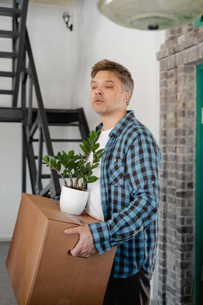 A man carrying a box with a houseplant inside while moving into a new home.